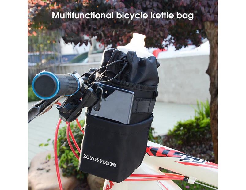 Bicycle Water Bottle Carrier Large Capacity Waterproof Nylon Bicycle Front Frame Thermal Kettle Bag for Outdoor  Black