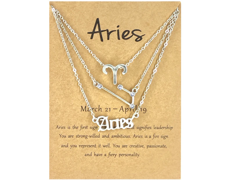 3Pcs Constellation Necklaces Letters Symbol Women Shiny Rhinestone Paper Card Necklaces for Party Silver Aries