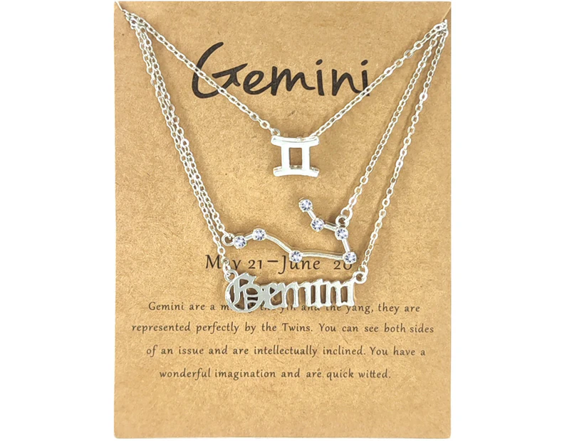 3Pcs Constellation Necklaces Letters Symbol Women Shiny Rhinestone Paper Card Necklaces for Party Silver Gemini