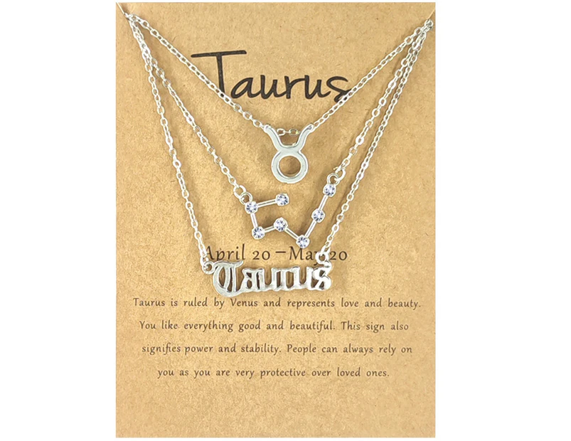 3Pcs Constellation Necklaces Letters Symbol Women Shiny Rhinestone Paper Card Necklaces for Party Silver Taurus