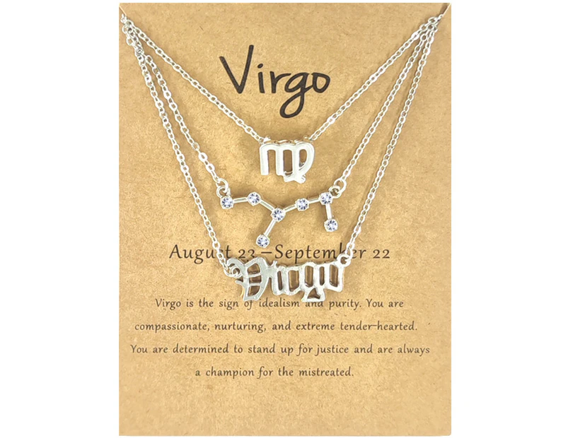3Pcs Constellation Necklaces Letters Symbol Women Shiny Rhinestone Paper Card Necklaces for Party Silver Virgo