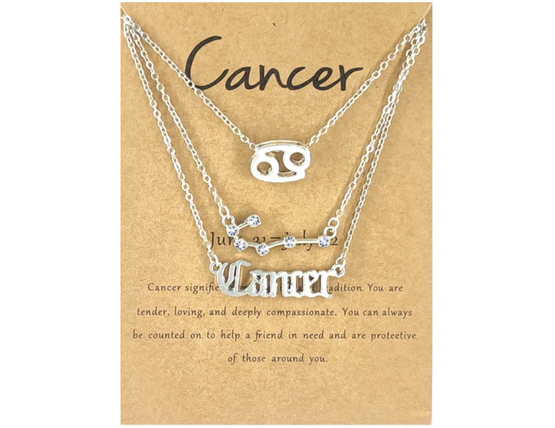 3Pcs Constellation Necklaces Letters Symbol Women Shiny Rhinestone Paper Card Necklaces for Party Silver Cancer