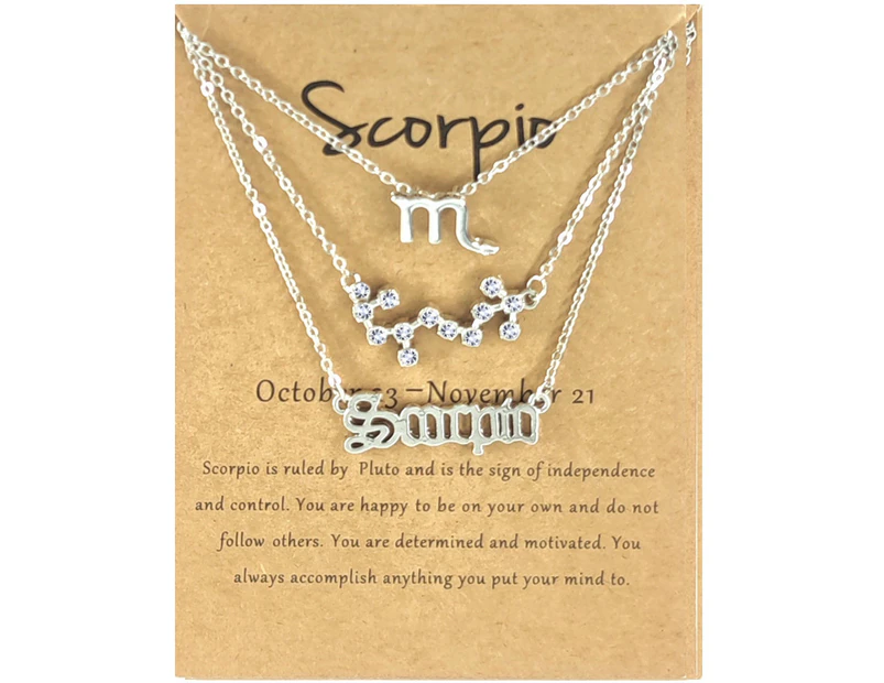 3Pcs Constellation Necklaces Letters Symbol Women Shiny Rhinestone Paper Card Necklaces for Party Silver Scorpio