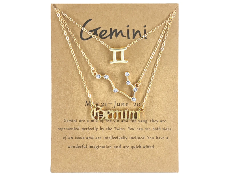 3Pcs Constellation Necklaces Letters Symbol Women Shiny Rhinestone Paper Card Necklaces for Party Golden Gemini