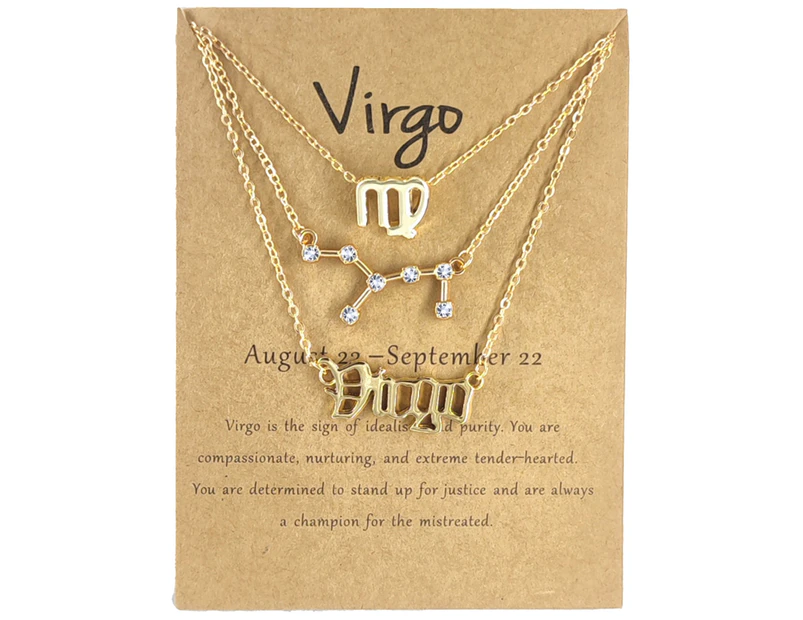 3Pcs Constellation Necklaces Letters Symbol Women Shiny Rhinestone Paper Card Necklaces for Party Golden Virgo