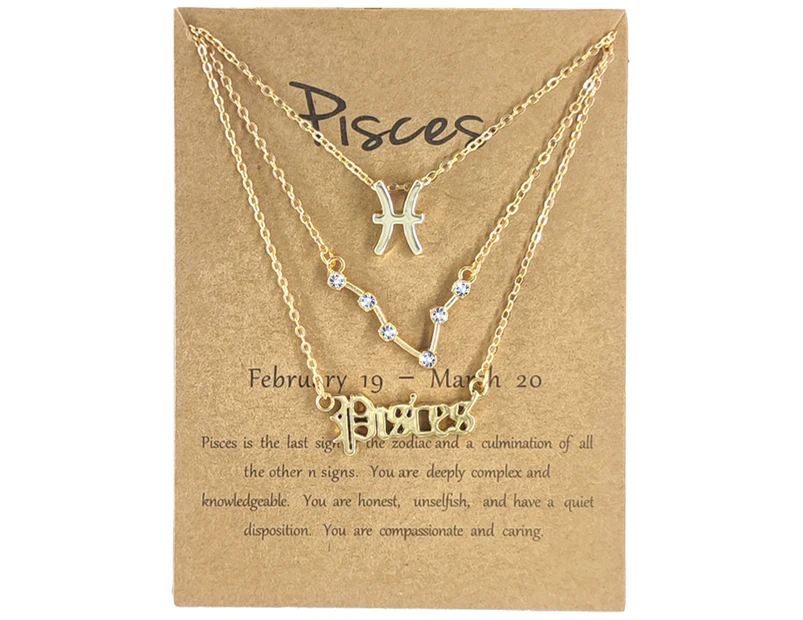 3Pcs Constellation Necklaces Letters Symbol Women Shiny Rhinestone Paper Card Necklaces for Party Golden Pisces