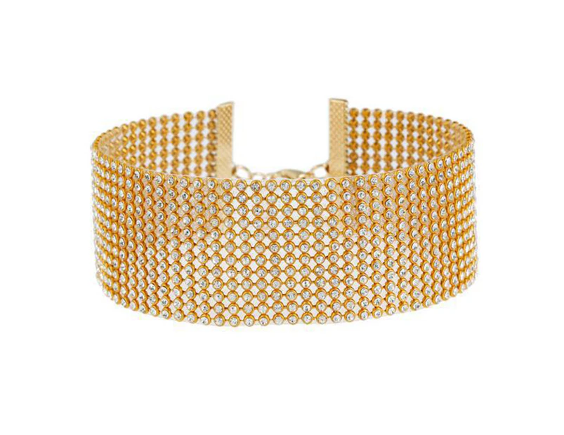 Adjustable Wide Alloy Choker Collar Inlay Rhinestone Hip Hop Choker Necklace Fashion Jewelry Golden