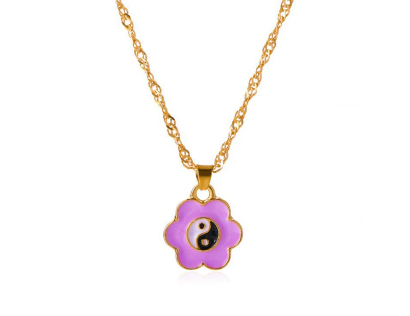 Adjustable Extension Chain Women Necklace Colorful Flower Shape Tai Chi Pendant Necklace Fashion Jewelry Purple