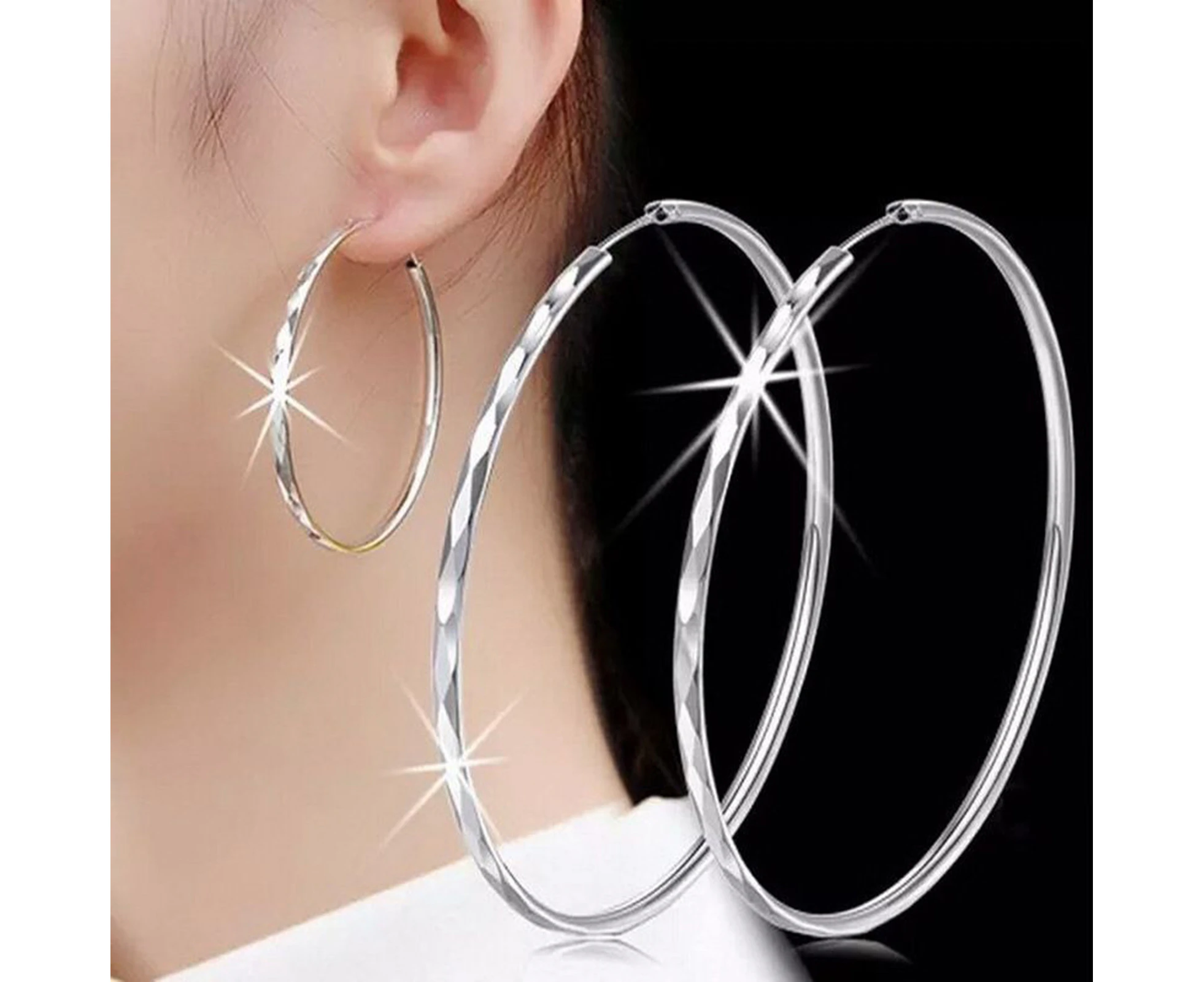 1 Pair Hoop Earrings Diamond-type Lattice Big Circle Non-allergenic Hypoallergenic Electroplating Dress Up Fade-resistant Jewelry Lady Circle Earrings - Silver