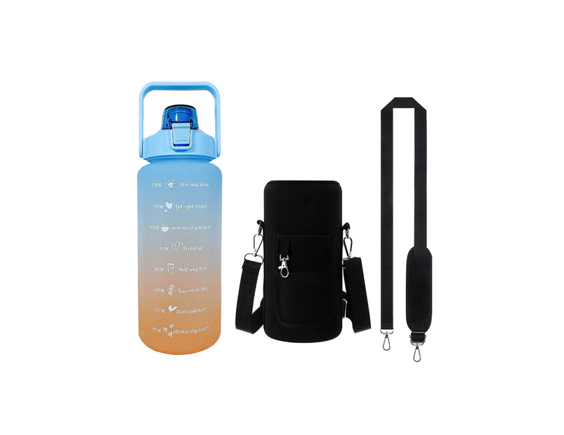 2L Water Bottle Straw Cup Motivational Drink Flask Time Markings with Sleeve - Blue