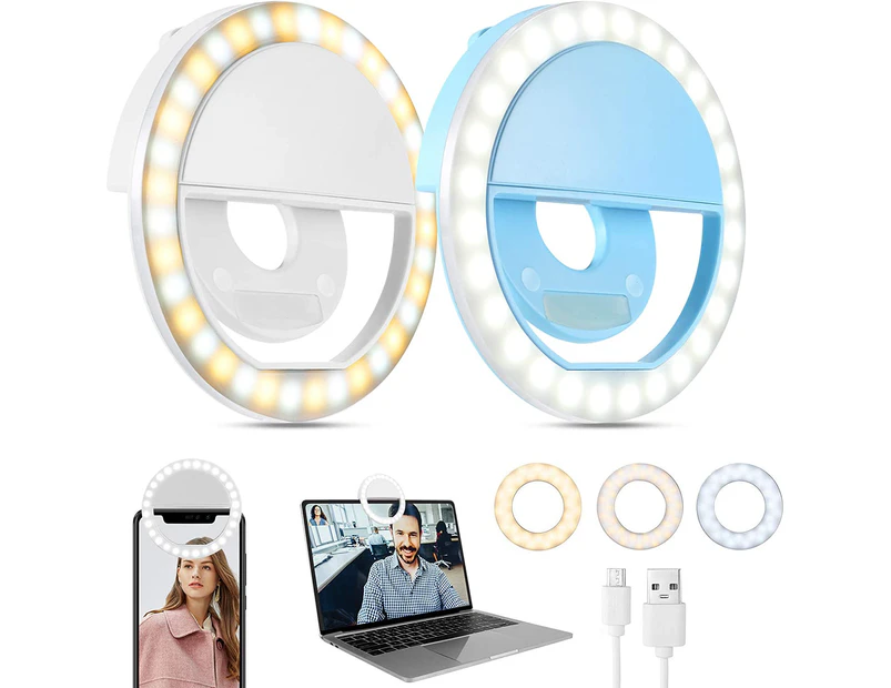 Selfie Ring Light (2 Packs), 3 Light Modes Rechargeable Clip-on Phone Ring Light with 36 LED for iPhone/Laptop/Computer