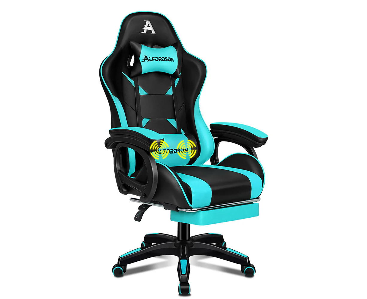 ALFORDSON Gaming Chair 2-Point Massage Lumbar Cushion Xavier Black & Cyan