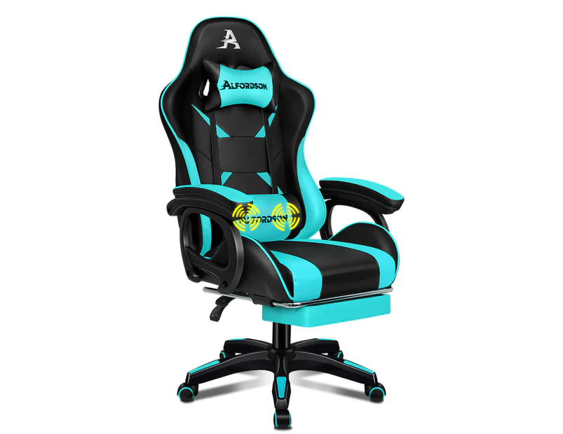 ALFORDSON Gaming Chair 2-Point Massage Lumbar Cushion Xavier Black & Cyan