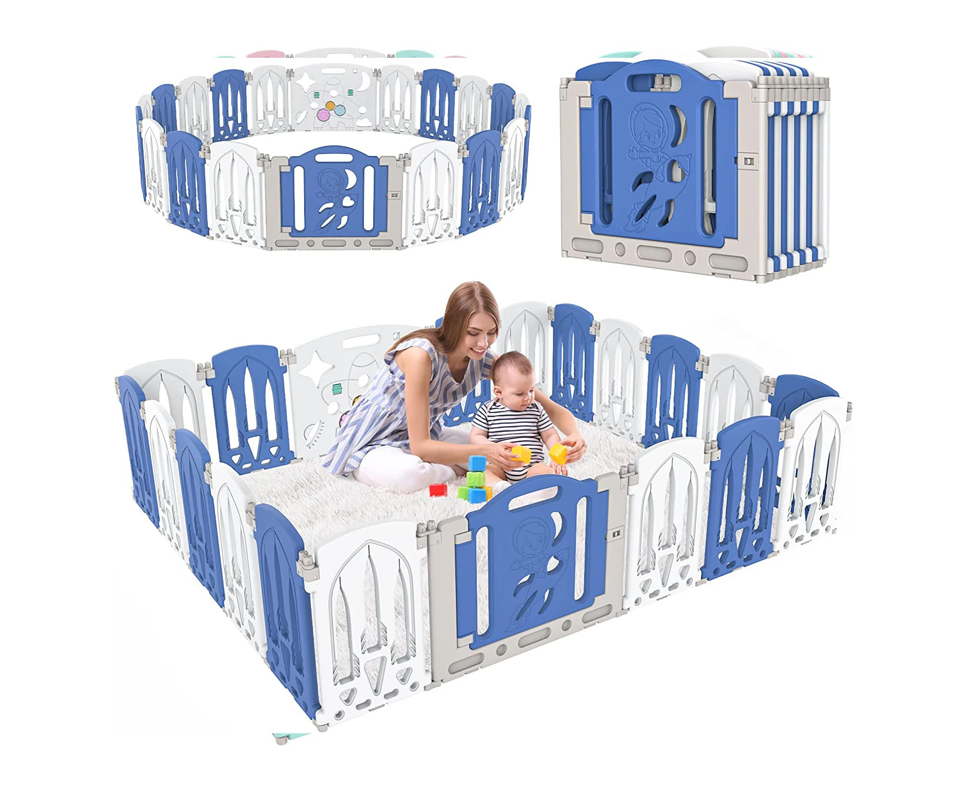 Foldable Kids Playpen 20 Panels Safety Gate Fence Child Play Yard Blue