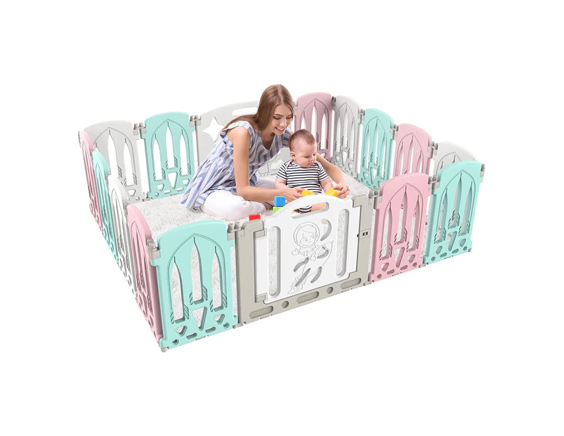 Foldable Kids Playpen 16 Panels Safety Gate Fence Child Play Yard Pink