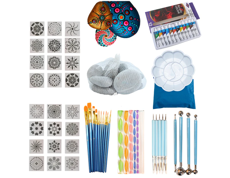 Dot Rock Painting Kit with Stencils, Paint, Brushes & Plus Tool Accessories - Natural