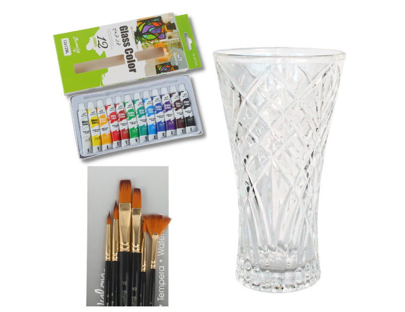 Glass Painting Kit with Brushes, 23cm Glass Vase & Paint DIY Kids Art Project - Multiple