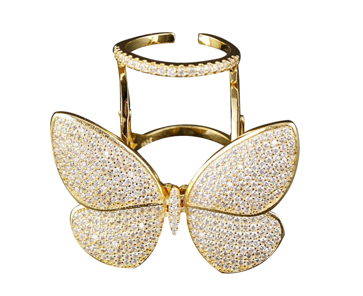 Fashion Movable Butterfly Cubic Zirconia Inlaid Women Open Ring Finger Jewelry Golden