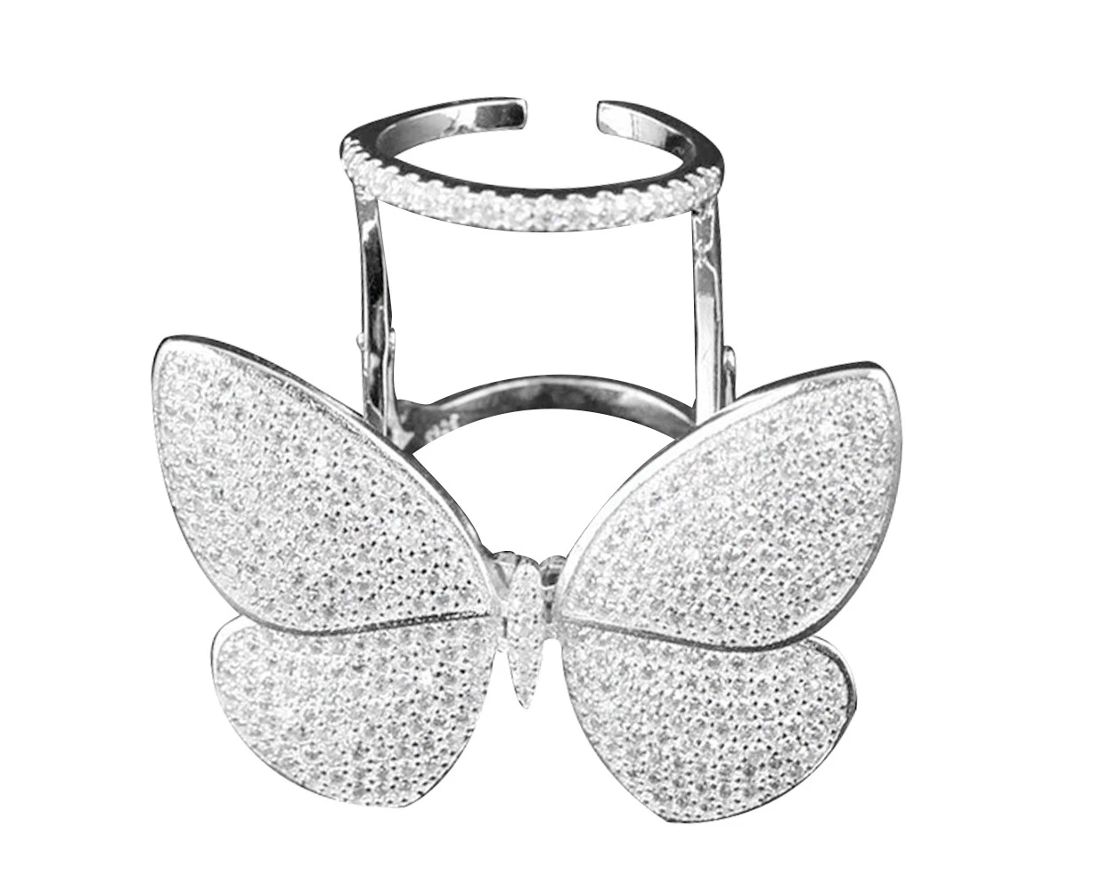 Fashion Movable Butterfly Cubic Zirconia Inlaid Women Open Ring Finger Jewelry Silver