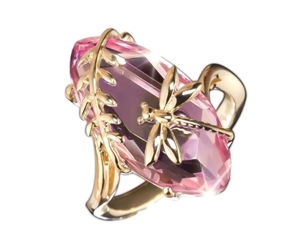 Chic Women Dragonfly Leaf Oval Faux Gem Twist Finger Ring Wedding Jewelry Gift Pink