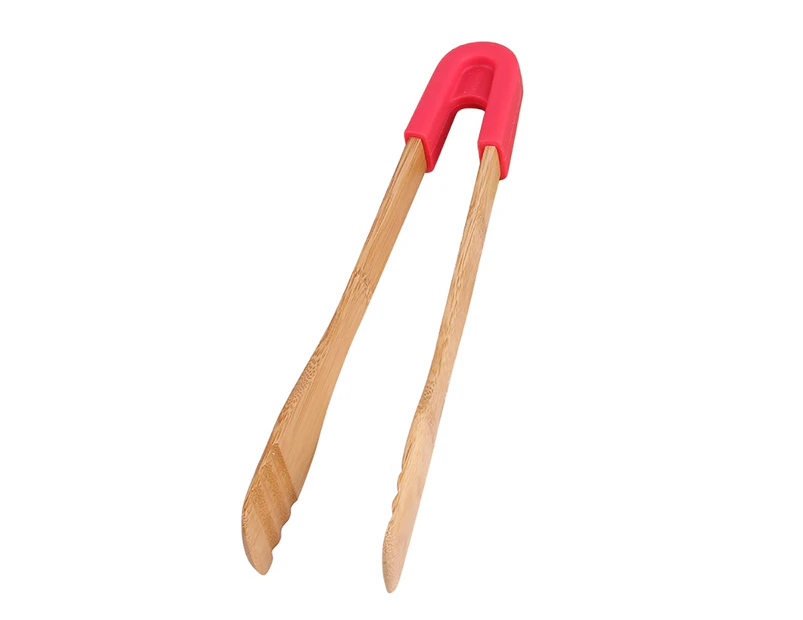 Bamboo Toaster Food Clip Silicone Handle Vegetable Salad Snack Cake BBQ Tongs - Red