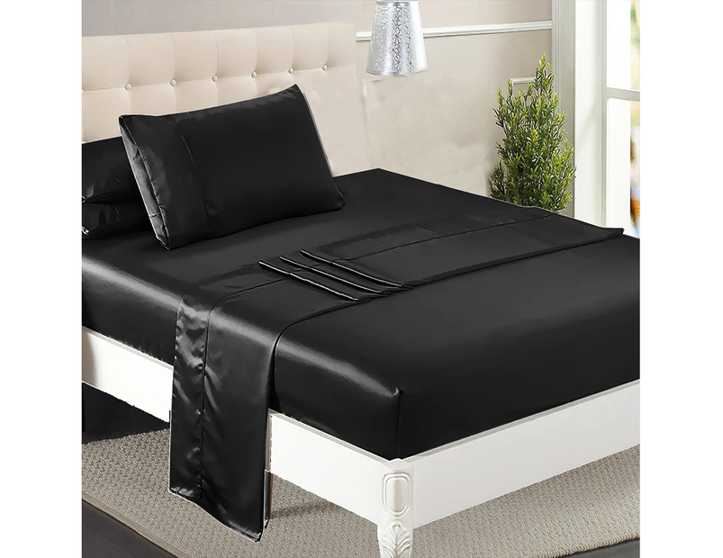 DreamZ Silky Satin Sheets Fitted Bed Sheet Pillowcases Summer King Single Black