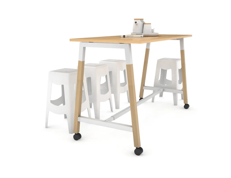 Quadro A Leg Counter Table Wood Leg Cross Beam - 925H [1800L x 700W] - white leg, maple, wheels