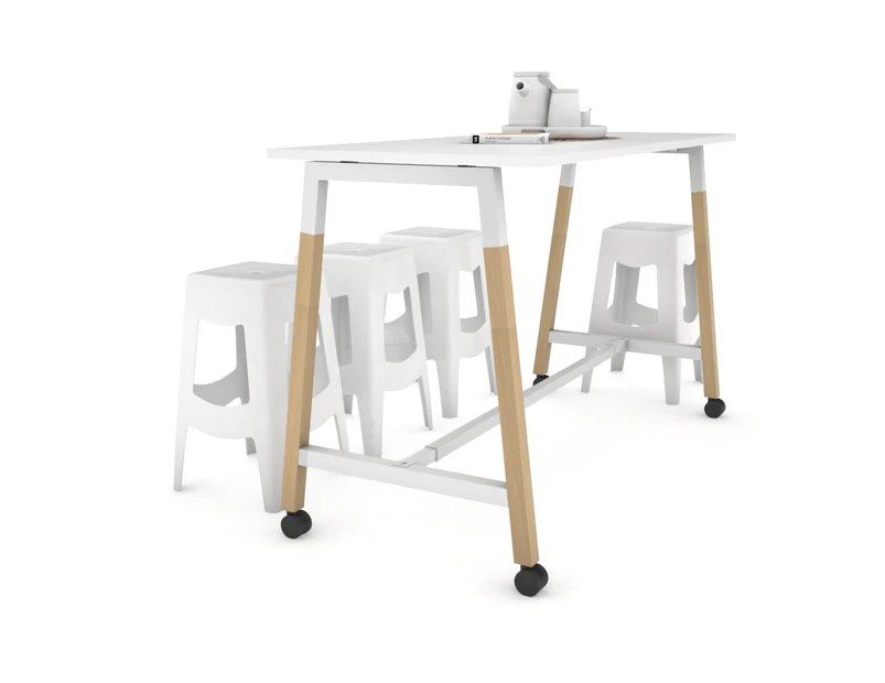 Quadro A Leg Counter Table Wood Leg Cross Beam - 925H [1800L x 700W] - white leg, white, wheels