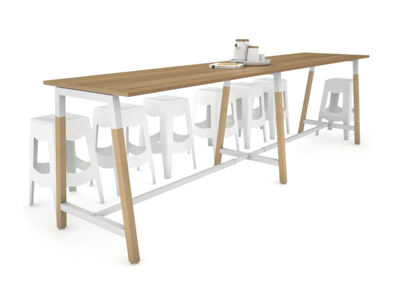 Quadro A Leg Large Counter Table - Wood Leg Cross Beam [3600L x 700W] - white leg, salvage oak, none