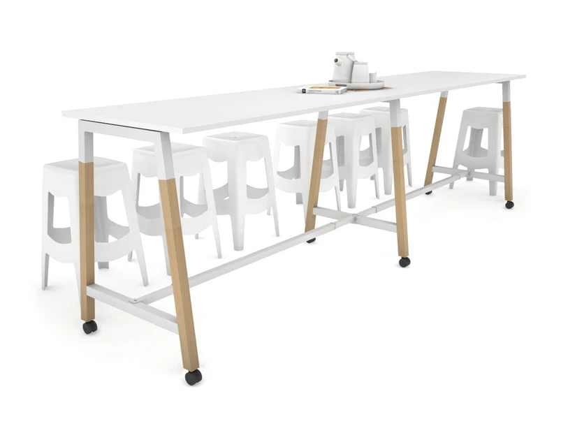Quadro A Leg Large Counter Table - Wood Leg Cross Beam [3600L x 700W] - white leg, white, wheels