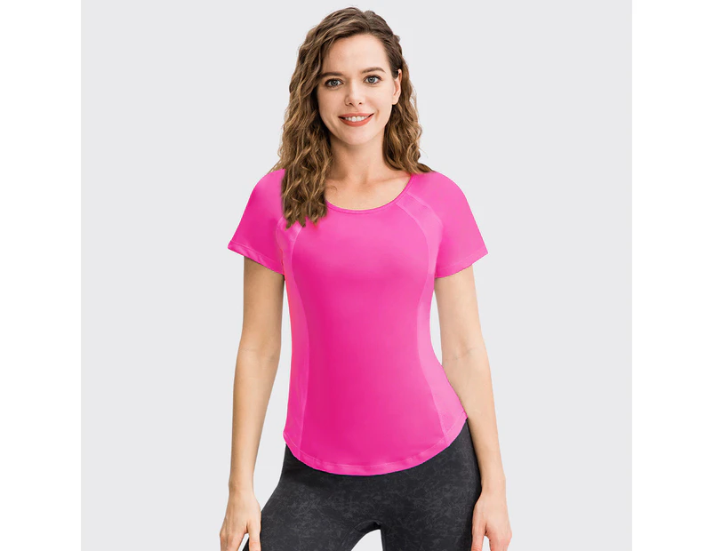 Bonivenshion Women's Short Sleeve Workout Shirts Quick Dry Yoga Tops Activewear Running T-shirts Fitness Training Tees-Rose Red
