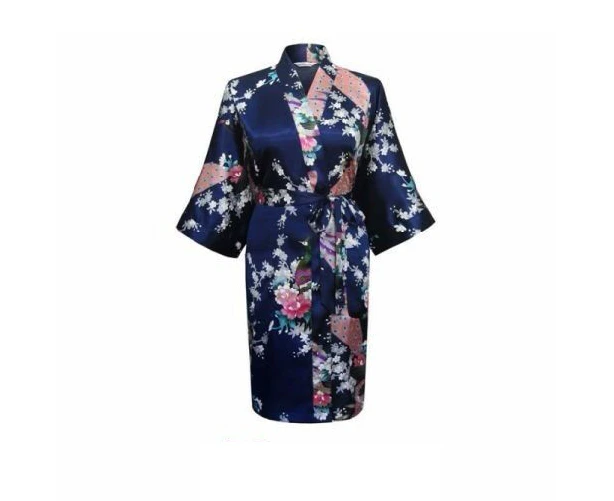 Women Bride Bridesmaid Gown Robe Satin Kimono Short Floral Bridal Wedding Navy Silk