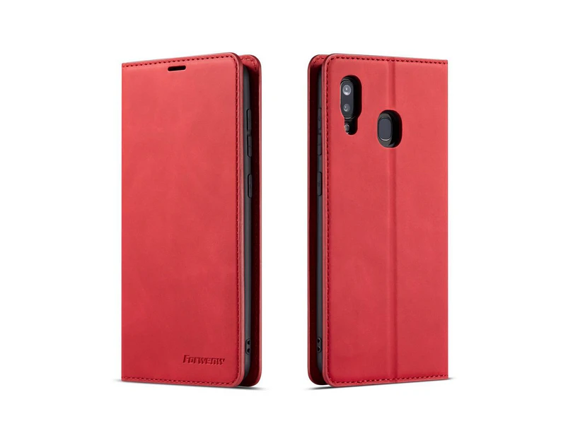 Samsung Galaxy A20 / A30 Case, Premium PU Leather Cover TPU Bumper with Card Holder Kickstand Hidden Magnetic Shockproof Flip Wallet Case Red