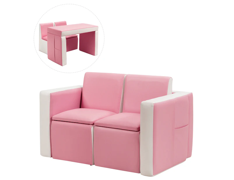 Giantex 2-in-1 Kids Sofa 2-Seat Upholstered Toddler Couch 3PCS Table & Chair Set PVC Leather Pink & White