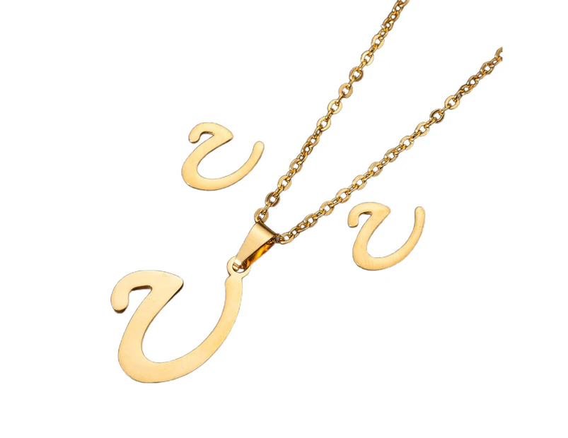 26 Letter Necklaces Anti-allergic Fade-less Personalized Gift Alphabet  Pendant Choker Earrings Combo for Girl Golden U Set