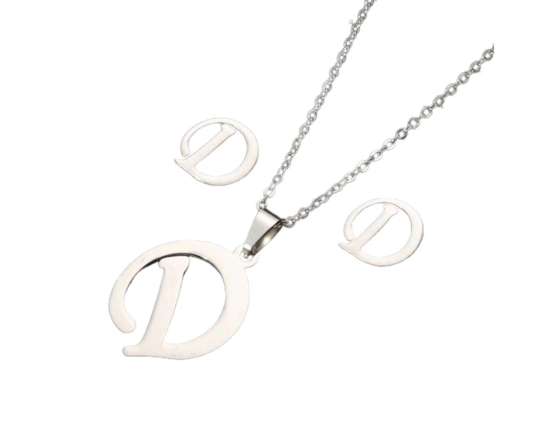26 Letter Necklaces Anti-allergic Fade-less Personalized Gift Alphabet Pendant Choker Earrings Combo for Girl Silver D Set