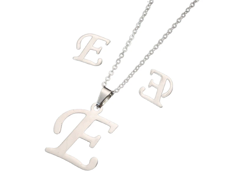 26 Letter Necklaces Anti-allergic Fade-less Personalized Gift Alphabet Pendant Choker Earrings Combo for Girl Silver E Set