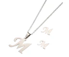 26 Letter Necklaces Anti-allergic Fade-less Personalized Gift Alphabet Pendant Choker Earrings Combo for Girl Silver M Set