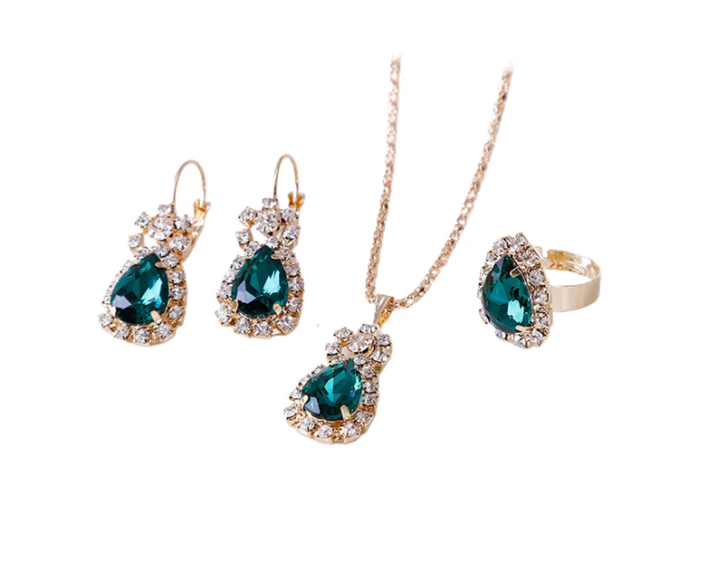 3Pcs/Set Ladies Pendant Necklace Water Drop Shape Wear-resistant Accessory Elegant Necklace Dangle Earrings Ring Set for Wedding Green