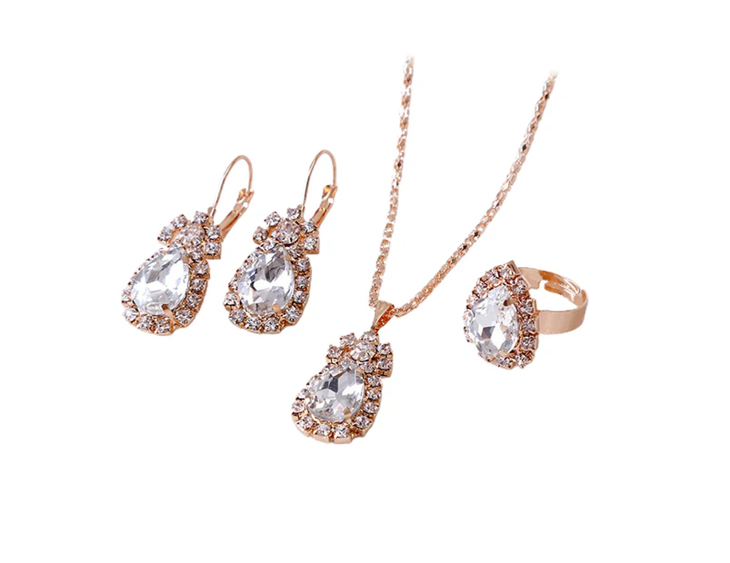 3Pcs/Set Ladies Pendant Necklace Water Drop Shape Wear-resistant Accessory Elegant Necklace Dangle Earrings Ring Set for Wedding White