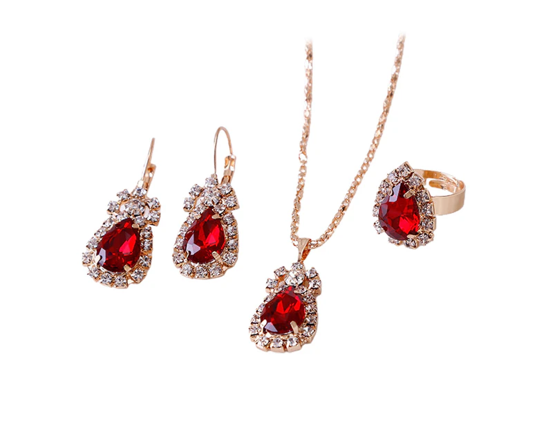 3Pcs/Set Ladies Pendant Necklace Water Drop Shape Wear-resistant Accessory Elegant Necklace Dangle Earrings Ring Set for Wedding Red