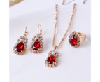 3Pcs/Set Ladies Pendant Necklace Water Drop Shape Wear-resistant Accessory Elegant Necklace Dangle Earrings Ring Set for Wedding Red