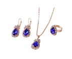 3Pcs/Set Ladies Pendant Necklace Water Drop Shape Wear-resistant Accessory Elegant Necklace Dangle Earrings Ring Set for Wedding Royal Blue