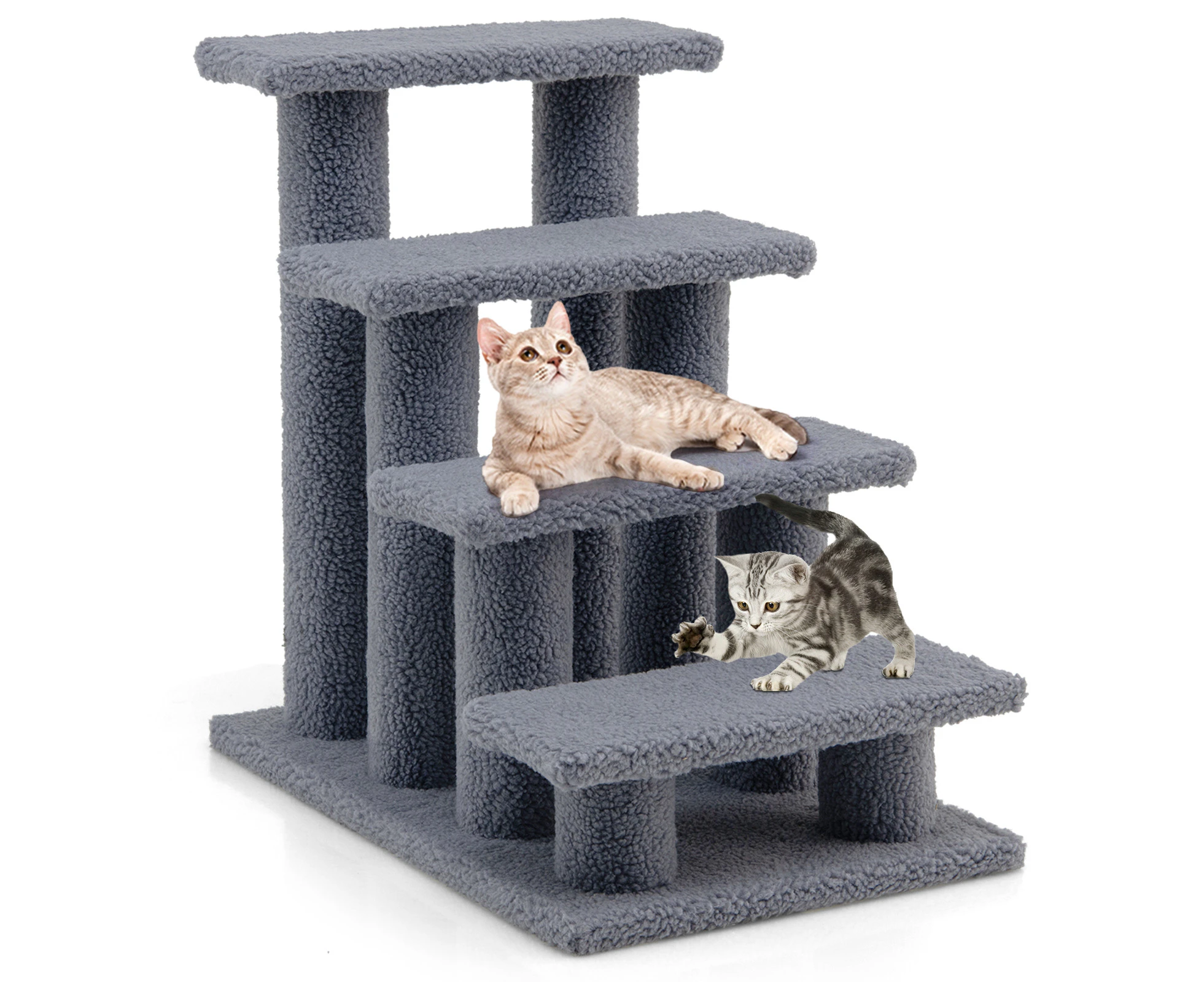 Costway 4-Step Pet Stairs Carpeted Ladder Ramp 8 Scratching Post Cat Tree Climber Grey