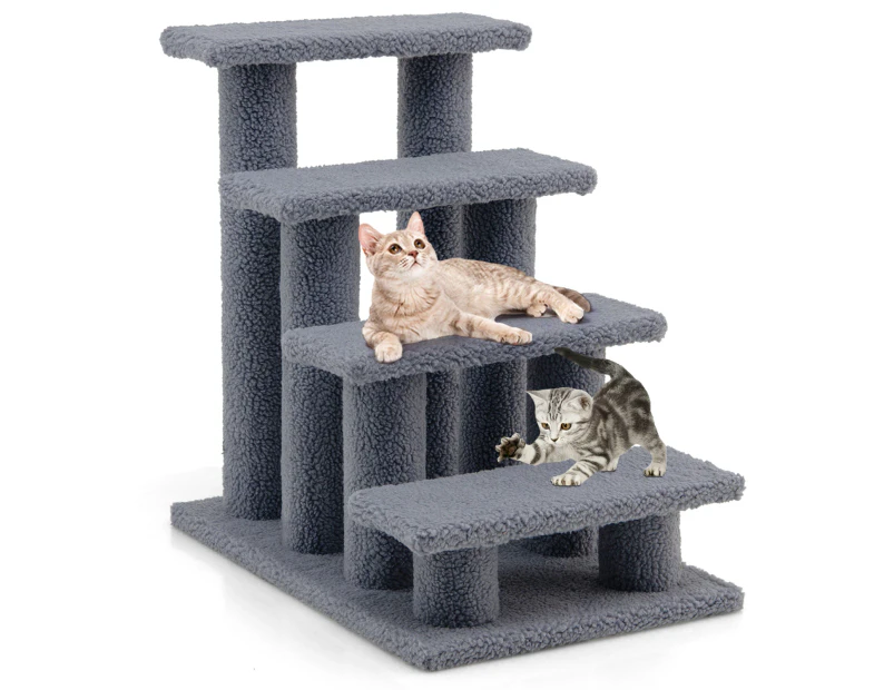 Costway 4-Step Pet Stairs Carpeted Ladder Ramp 8 Scratching Post Cat Tree Climber Grey