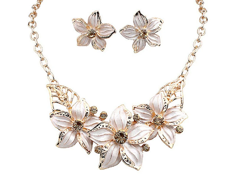 Fashion Women Rhinestone Flower Statement Pendant Necklace Earrings Jewelry Set White
