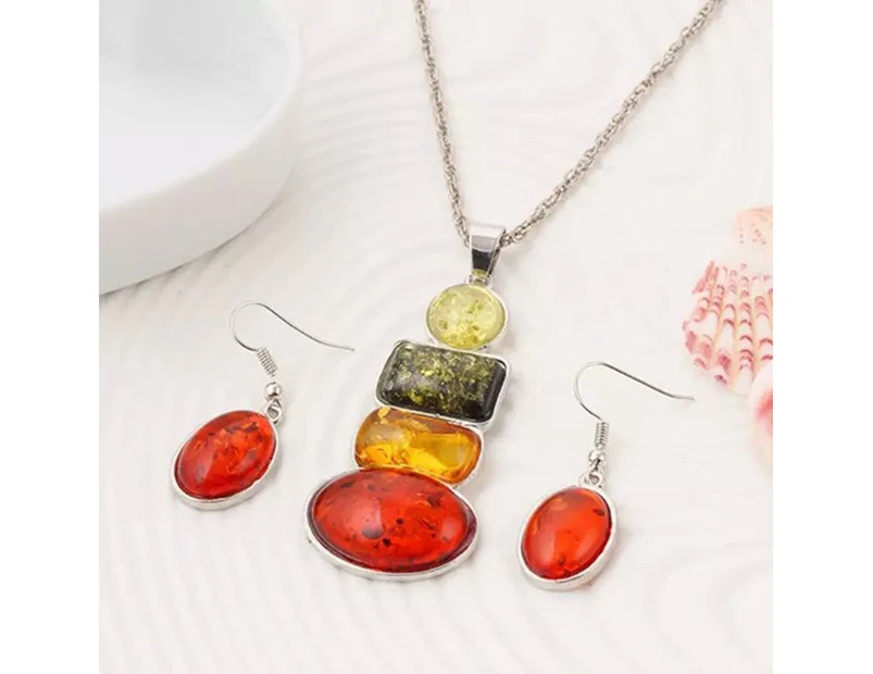 Fashion Unique Artificial Amber Long Pendant Necklace Earrings Set Women Jewelry