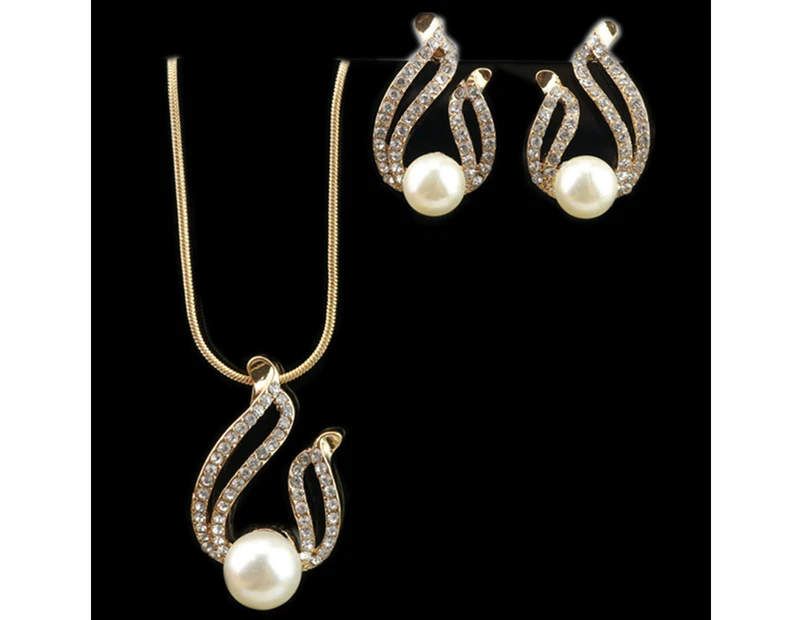 Faux Pearl Water Drop Charm Pendant Earrings Necklace Socialite Lady Jewelry Set
