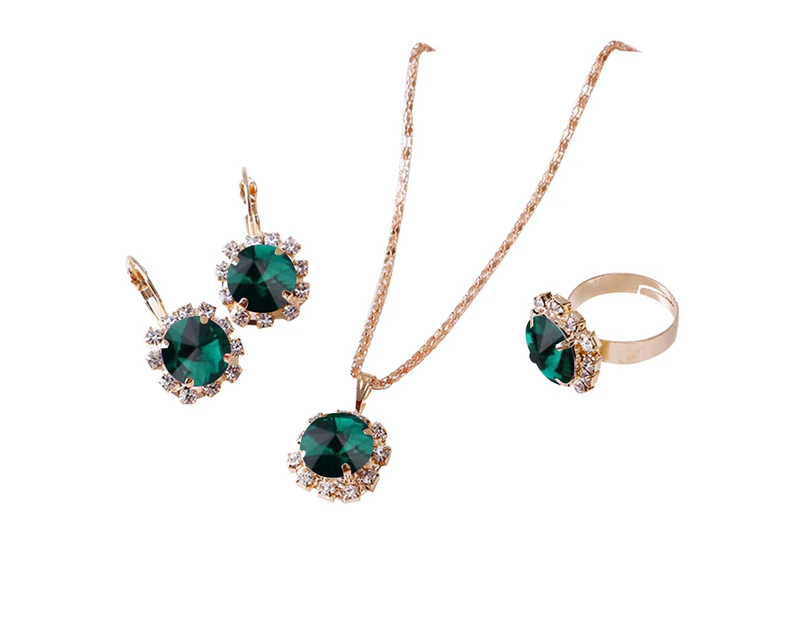 Fashion Women Circle Rhinestone Necklace Earrings Ring Pendants Jewelry Set Green