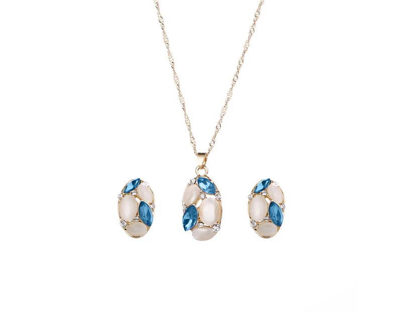 Fashion Women Jewelry Set Oval Opal Drop Pendant Sweater Chain Necklace Earrings Blue